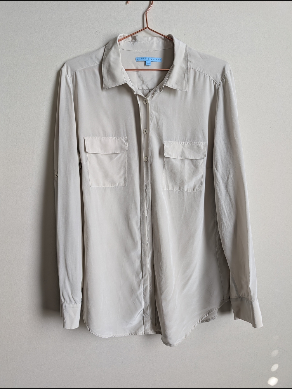 ANTONIO MELANI Light Greenish Beige Shirt Size L 100% Silk
